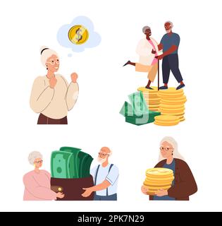 Couples senior pensionnés, seuls les personnages féminins ont un portefeuille énorme avec de l'argent, des billets verts, des notes.concept de richesse financière, des retenues de pension, des économies, Banque D'Images