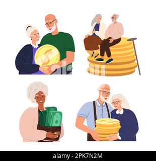 Couples senior pensionnés, seuls les personnages féminins ont un portefeuille énorme avec de l'argent, des billets verts, des notes.concept de richesse financière, des retenues de pension, des économies, Banque D'Images