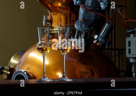 Verres de liqueur devant un distillateur de gin. Banque D'Images