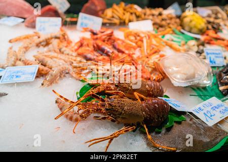 Homards frais sur glace. Street food en Espagne, gros plan sur les homards épineux. Fruits de mer en exposition froide sur le marché aux poissons de la rue. Mise au point sélective. Banque D'Images