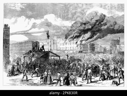 Une foule qui brûlait le bureau du prévôt lors des émeutes de New York (13 juillet–16, 1863), parfois appelées émeutes de Manhattan, étaient des troubles violents dans le Lower Manhattan, Largement considéré comme le point culminant du mécontentement de la classe ouvrière blanche face aux nouvelles lois adoptées par le Congrès cette année-là pour rédiger des hommes à combattre pendant la guerre civile américaine en cours. Les émeutes restent la plus grande perturbation urbaine civile et la plus raciste de l'histoire américaine. Banque D'Images