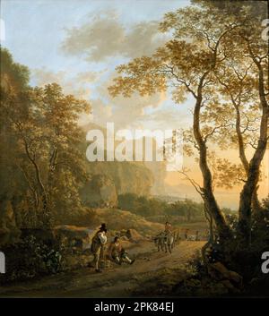 Paysage avec les voyageurs de repos et Oxcart vers 1645 par Jan les deux Banque D'Images