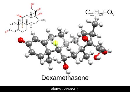 Formule chimique, formule squelettique et modèle boule-et-bâton 3D de l'immunosuppresseur glucocorticoïde dexaméthasone, fond blanc Banque D'Images