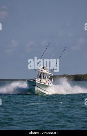 Image verticale d'un bateau de pêche de la console centrale s'approchant à grande vitesse. Banque D'Images