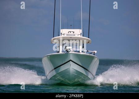 Un bateau de pêche de la console centrale s'approche à grande vitesse. Banque D'Images