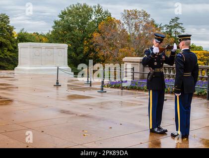 Le changement de la garde à la tombe de l'inconnu, cimetière national d'Arlington se produit toutes les heures. Le commandant de la Garde d'honneur inspecte l'arme a Banque D'Images