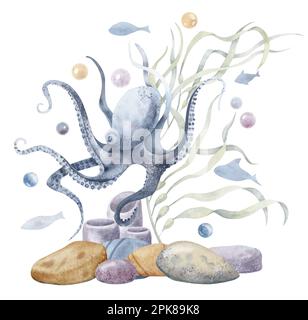 Pieuvre avec fond marin et algues. Illustration sous-marine à l'aquarelle dessinée à la main sur un arrière-plan isolé. Dessin sous-marin coloré de fond d'océan et d'animal de mer avec de petits poissons pour la conception de biologie. Banque D'Images