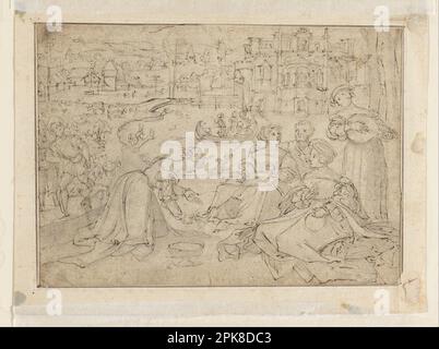 Recto: Le mois d'avril (Figures dans un parc près d'un château); Verso: Jeunes des trois âges de l'homme (?)(Merry-makers) ca. 1540 par Pieter Coecke van Aelst Banque D'Images