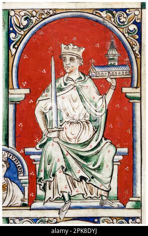 Richard le coeur de Lion, Richard I d'Angleterre (1157-1199), roi d'Angleterre (1189-1199), tenant l'église Saint Thomas de Canterbury, portrait manuscrit illuminé de Matthew Paris vers 1250-1259 Banque D'Images
