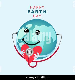 Joyeux jour de la Terre, sourire planète emoji avec coeur et stéthoscope. Globe Earth, postez votre message d'accueil dans un style de dessin animé. Illustration vectorielle Illustration de Vecteur