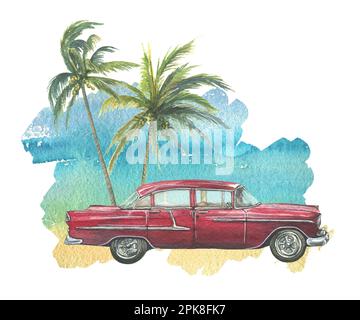 Voiture rétro rouge avec palmiers tropicaux contre le ciel bleu. Illustration aquarelle dessinée à la main. Composition isolée sur fond blanc pour carte postale Banque D'Images