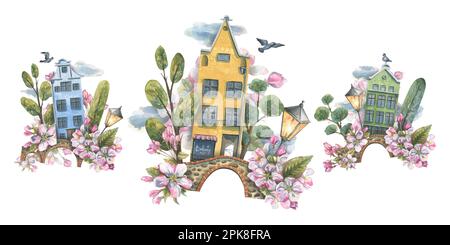 Un ensemble de jolies maisons avec des arbres, un pont, une lanterne, un pigeon, des nuages et des pommiers en fleurs. Illustration aquarelle. Composition du ressort du Banque D'Images