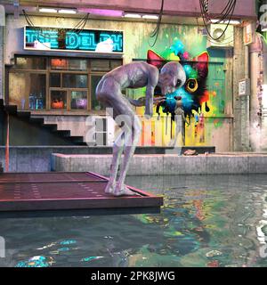 3d illustration de deux étrangers gris avec un étranger incliné et regardant l'eau de manière réfléchie dans une allée déserte avec graffiti en arrière-plan. Banque D'Images