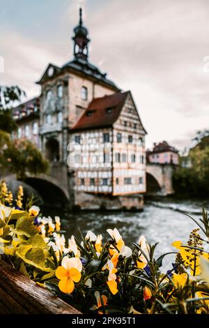 Bamberg, l'historique Brücken Rathaus comme un bâtiment à colombages au milieu de la rivière Regnitz dans la matinée, lever du soleil en Allemagne Banque D'Images