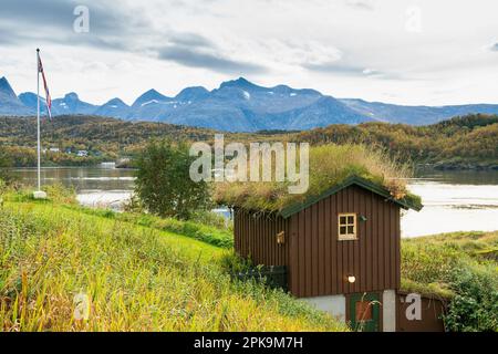 Norvège, côte Atlantique à Kystriksveien, route côtière Fv17, Saltstraumen, Ekcurbukta, cabane recouverte d'herbe Banque D'Images