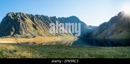 Panorama, Norvège, Lofoten, Vestvagoya, Eggum, réserve naturelle, paysage de fjord Banque D'Images