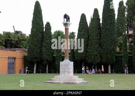 Lupa Capitolina, la colonne surmontée du capitoline She-Wolf en bronze, sur la Piazza del Duomo, vue sur une journée nuageux, Pise, Italie Banque D'Images