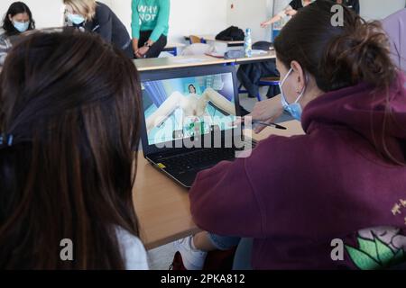 Étudiants en médecine pendant un atelier de simulation informatique. Le logiciel permet de gérer les livraisons et les situations d'urgence. Banque D'Images