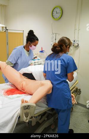 Les élèves qui font face à une urgence post-natale suivent les procédures sur un mannequin. Ce mannequin est contrôlé par des opérateurs dans une pièce adjacente. Banque D'Images