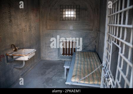 08.02.2023, Allemagne, , Berlin - Europe - Une maquette de la cellule de punition de l'homme politique de l'opposition russe emprisonné Alexei Nawalny se trouve en face de t. Banque D'Images