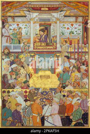 Padshahnama plaque 10 : Shah-Jahan reçoit ses trois fils aîné et Asaf Khan lors de ses cérémonies d'adhésion (8 mars 1628) (1630 - 1657) par Bichitr Banque D'Images