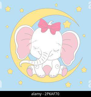 Bébé éléphant blanc dort sur la lune. Pour la conception d'imprimés, affiches, cartes, autocollants, cartes pour enfants, casse-têtes et ainsi de suite. Illustration vectorielle Illustration de Vecteur