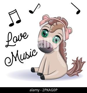 Le casque Horse permet d'écouter de la musique. J'aime la musique, le caractère mignon. Illustration de Vecteur