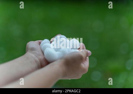 Les mains des enfants tiennent des pierres de grêle après une tempête à Garmisch-Partenkirchen, en Bavière, en Allemagne Banque D'Images