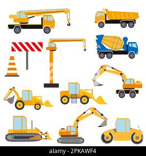 Ensemble d'équipements de construction. Machines spéciales pour travaux de construction. Chariots élévateurs, bétonnières, grues, excavateurs, tracteurs, Bulldozers Trucks Road, réf Illustration de Vecteur