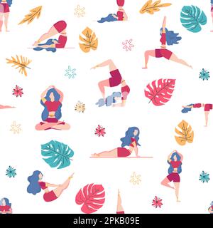 Le motif de yoga sans couture est engagé. Poses de yoga, lotus, monstère, feuilles, décoration cachemire, lettrage. Santé de l'esprit et du corps Illustration de Vecteur