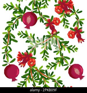 Branches de grenade à motif fruits et fleurs sans couture. Feuilles et fruits brillants, graines et lobules. Motif sans couture Shana Tova. Nouveau Ye juif Illustration de Vecteur