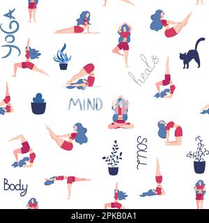 Le motif de yoga sans couture est engagé. Poses de yoga, lotus, monstère, feuilles, décoration cachemire, lettrage. Santé de l'esprit et du corps Illustration de Vecteur