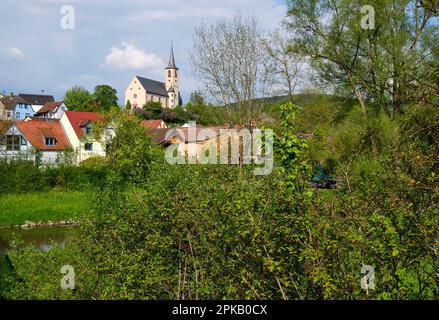 Vue sur l'église paroissiale St. Marcellinus et St. Pierre dans le village viticole d'Eußenheim, quartier main-Spessart, Basse-Franconie, Franconie, Bavière, Allemagne Banque D'Images