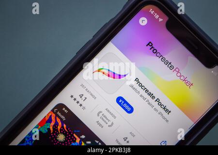 Procreate Pocket app vue dans un App Store sur l'écran de l'iPhone. Procreate est une application d'éditeur de graphiques raster pour la peinture numérique de Savage Interactive Banque D'Images
