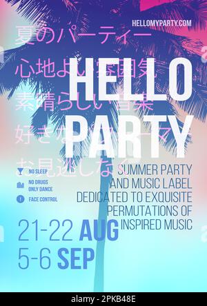 Affiche Hello Party pour l'été et la plage. Modèle d'invitation motif de circulaire palmiers. Coucher de soleil tropical Illustration de Vecteur