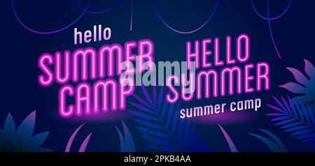 Neon rose lettre Hello Summer and Summer Camp Template pour la publicité, le Web, les médias sociaux et les annonces de mode. style néon multicolore. Vecteur Illustration de Vecteur