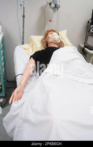 Les élèves qui font face à une urgence post-natale suivent les procédures sur un mannequin. Ce mannequin est contrôlé par des opérateurs dans une pièce adjacente. Banque D'Images