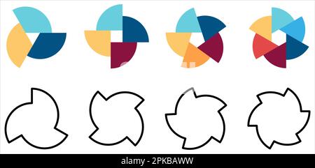 Cercle divisé en segments égaux pivotés et décalés du centre - version de trois à six pièces, peut être utilisé comme élément infographique Illustration de Vecteur