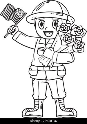 Page de coloriage isolée drapeau et bouquet de soldat Illustration de Vecteur