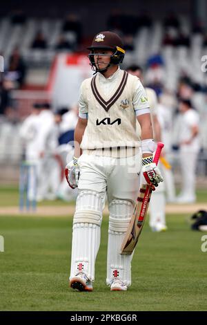 6th avril 2023 ; Old Trafford, Manchester, Angleterre : championnat du comté de la division 1, Lancashire versus Surrey Day 1 ; Ollie Pope&#xA0;de Surrey Banque D'Images