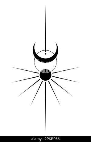 Soleil et lune style vintage art clipart. Tatouage logo Wicca Outline. La géométrie sacrée mystique, la déesse magique païenne de Wiccan et les symboles de dieu. Noir vectoriel Illustration de Vecteur