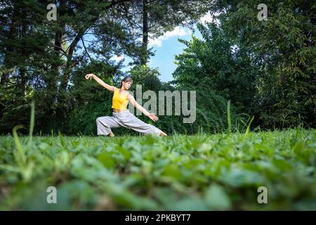 Femme faisant de l'exercice qi gong tai chi. Une femme pratique le tai chi dans la nature entouré d'arbres et d'un ciel bleu. Gros plan de l'herbe. Banque D'Images