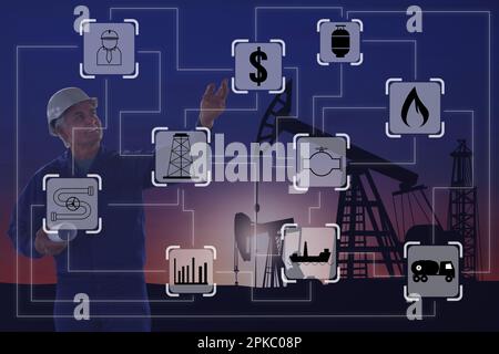 Ingénieur professionnel, illustration de différentes icônes et silhouettes de pompes à gaz en arrière-plan Banque D'Images