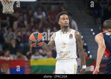 Vitoria-Gasteiz, Espagne, 06th avril 2023: Le joueur de LDLC ASVEL Villeurbanne, Dee Bost avec le ballon lors du match de 33rd de l'Euroligue 2022-23 régulière des compagnies aériennes turques entre Cazoo Baskonia Vitoria-Gasteiz et LDLC ASVEL Villeurbanne, sur 6 avril 2023, à l'arène Buesa à Vitoria, en Espagne. Credit: Alberto Brevers / Alay Live News Banque D'Images