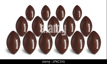 Ensemble de ballons de football américain en cuir sur fond blanc. Bannière Banque D'Images