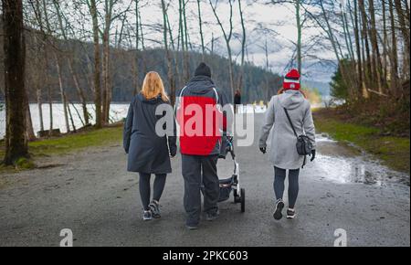 Bonne famille en train de faire une promenade dans un parc, vue arrière. Famille marchant ensemble le long du chemin de la forêt avec leur enfant, père poussant le pram. les jeunes wal Banque D'Images