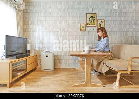 Femme assise sur un canapé dans un salon travaillant sur un ordinateur Banque D'Images