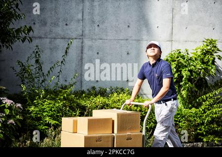 Homme transportant des boîtes en carton à l'aide d'un chariot Banque D'Images