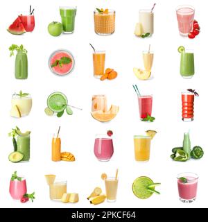 Ensemble de différents smoothies sur fond blanc Banque D'Images