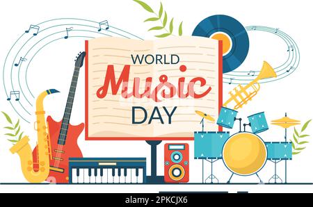 Illustration de la Journée mondiale de la musique avec divers instruments de musique et des notes en dessin animé à la main pour l'affiche de publication ou les modèles de page d'arrivée Illustration de Vecteur